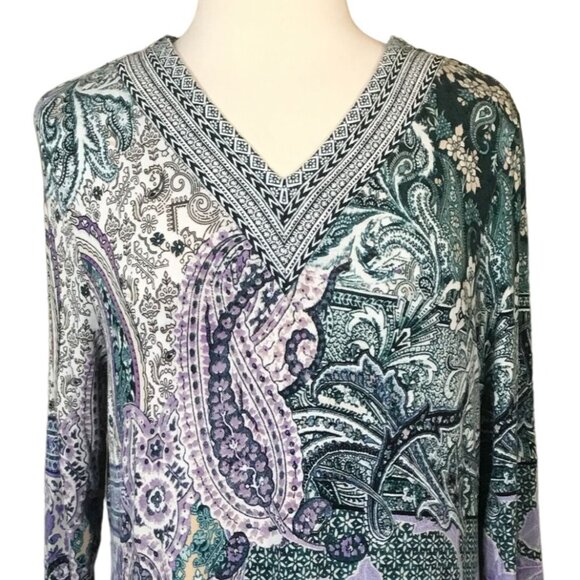 Chicos Villa Paisley V-Neck Soft Top 3/4 Sleeve Greens Lavenders Medium 12 - Picture 1 of 11